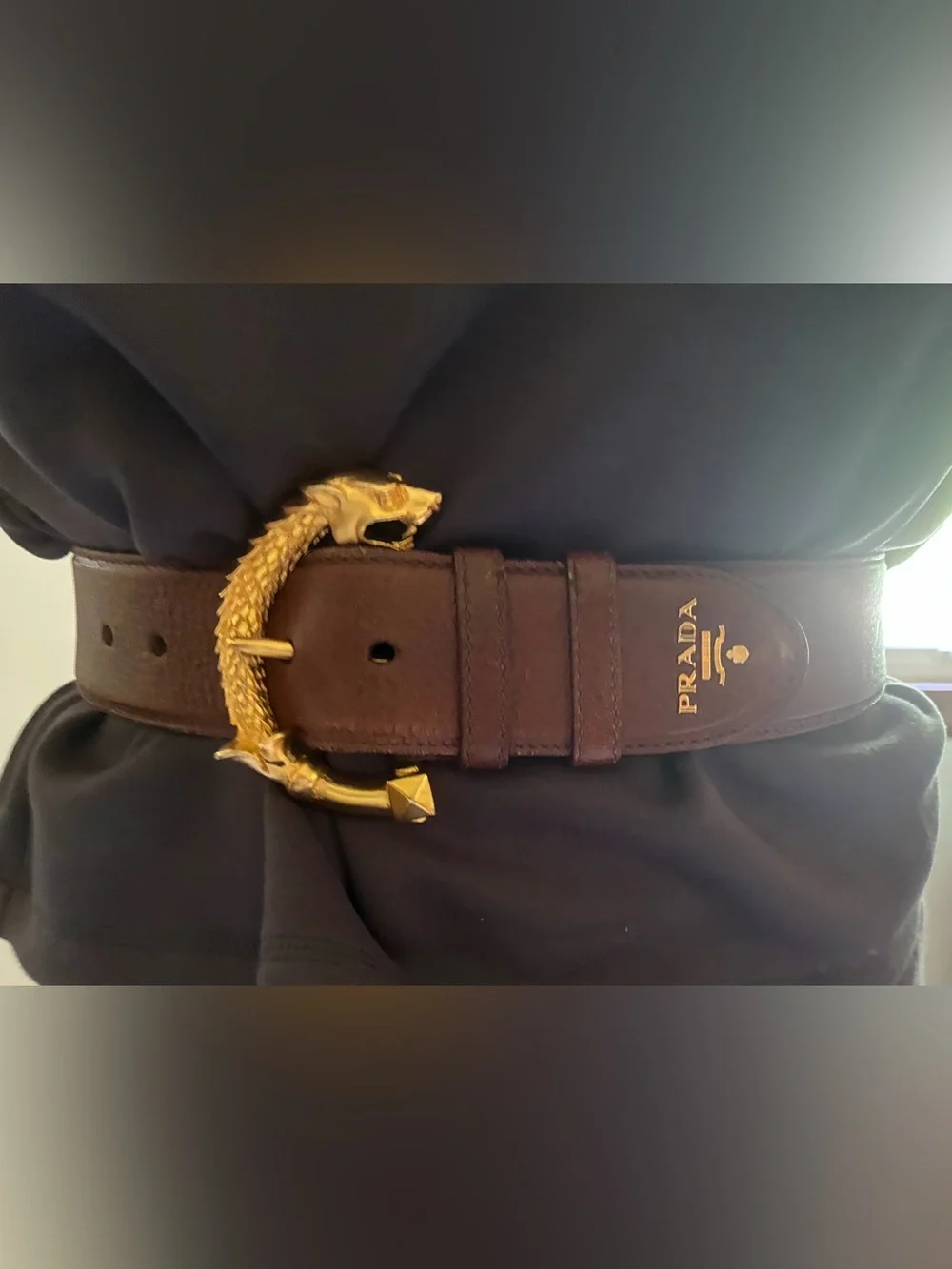 Authentic Prada Brown Leather Belt with Dragon Snake Gold Serpent Buckle - Picture 1 of 15